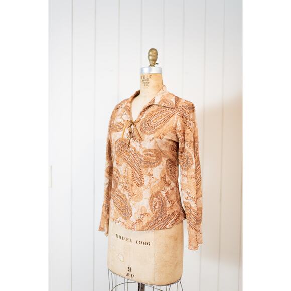 Vintage Y2K Boho Blouse M, Brown Cream Paisley Sheer Lace-Up V-Neck Hippie Shirt - Picture 3 of 13